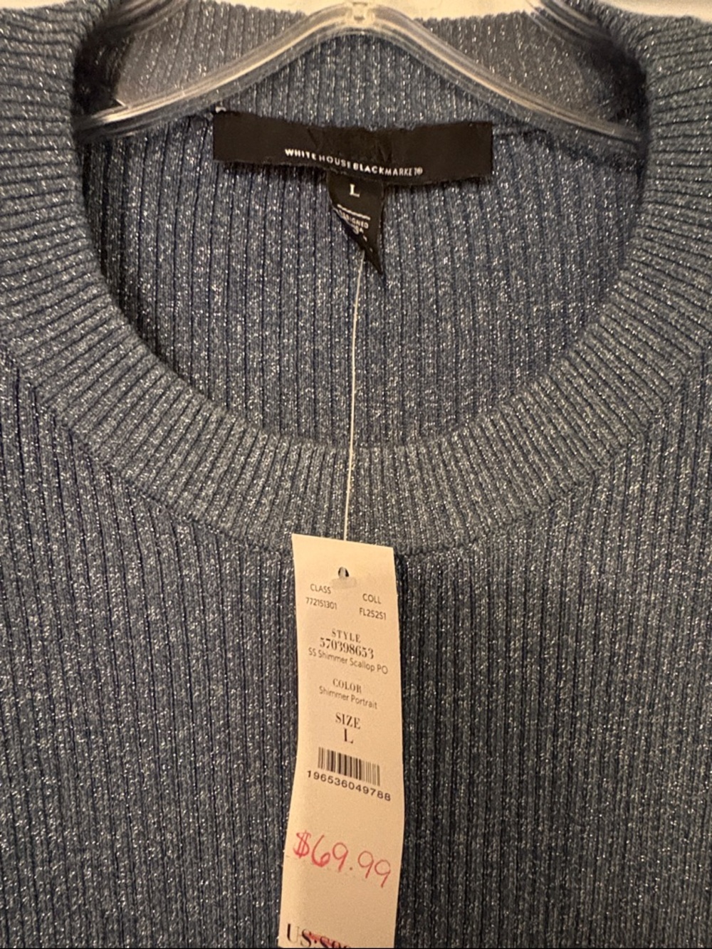 Whit House Black Market NWT shimmer Scalloped Ribbed Short Sleeve Sweater - Blue - Picture 2 of 12